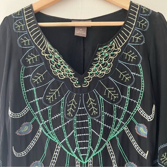 Vintage Kenar Silk Dress Embroidered Peacock Size Medium Fairy Whimsigoth - Picture 2 of 8